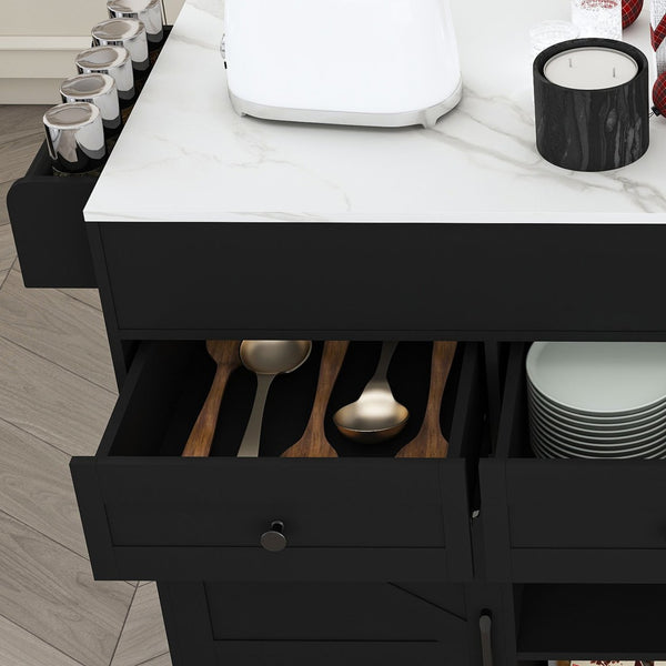 English Elm 74.8" Rolling Kitchen Island Extendable Marble Veneer Top with Power Outlet and Storage W2700S00106