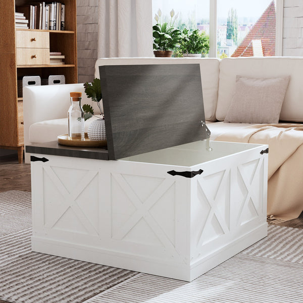 English Elm Farmhouse Square Coffee Table with Dual Lift Tops & Large Hidden Storage, Rustic White Farmhouse Charm T3609P332412