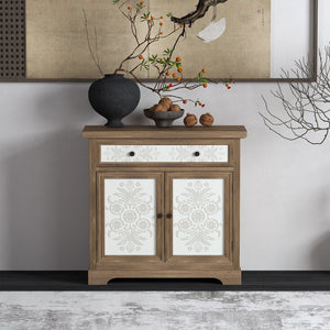 English Elm Rustic Boho Carved Accent Cabinet with Drawer & Removable Shelves, Distressed Sideboard Storage for Entryway W808P245579