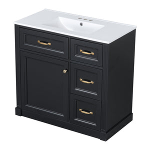 English Elm 36 Inch Bathroom Vanity With Sink & Soft-Close Drawers - Modern Black Cabinet For Smart Storage N725P336549B