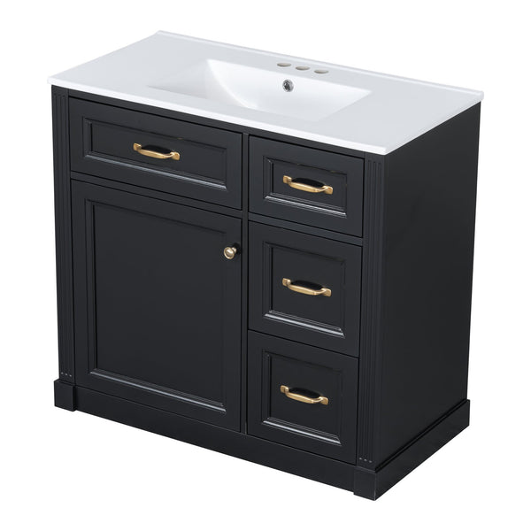 English Elm 36 Inch Bathroom Vanity With Sink & Soft-Close Drawers - Modern Black Cabinet For Smart Storage N725P336549B