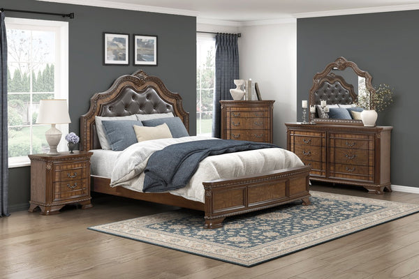 English Elm Formal King Bed With Upholstered Headboard - Dark Brown Sleigh Design, Intricate Carvings, Luxurious Comfort B011S02040