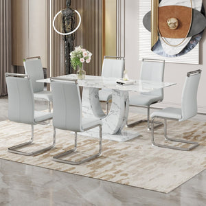 English Elm Table Modern Marble Dining Set - 71"X35.4" Tempered Glass With 6 Light Gray Pu Chairs & Silver Legs W1151S02120-GIGA