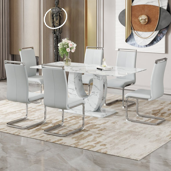 English Elm Table Modern Marble Dining Set - 71"X35.4" Tempered Glass With 6 Light Gray Pu Chairs & Silver Legs W1151S02120-GIGA
