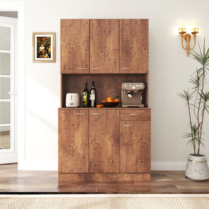 English Elm 70.87" Wardrobe Kitchen Cabinet with 6 Doors, 1 Drawer & Open Shelf — Durable Melamine MDF Storage Solution Walnut W331S00060