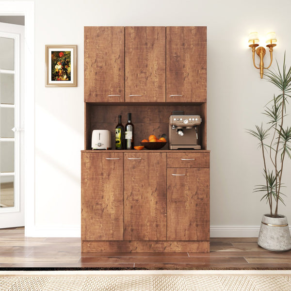 English Elm 70.87" Wardrobe Kitchen Cabinet with 6 Doors, 1 Drawer & Open Shelf — Durable Melamine MDF Storage Solution Walnut W331S00060
