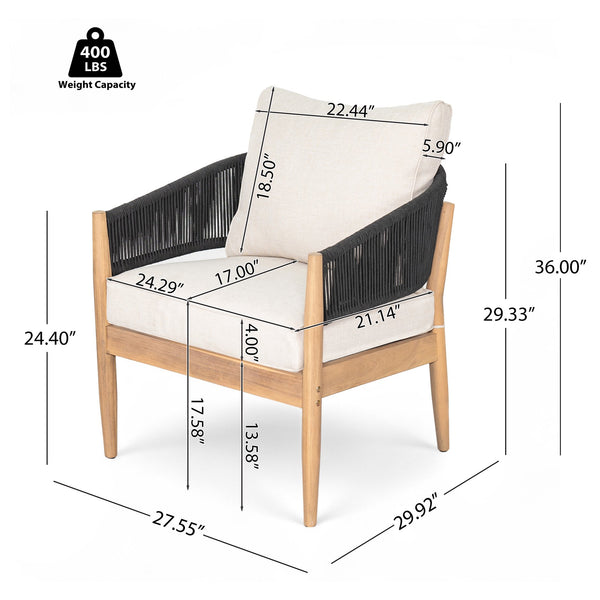 English Elm Christopher Knight Home® - Verona Acacia Wood Outdoor Chat Set with Plush Cushions, Hand-Braided Rope Accents, Weatherproof Finish Beige,Black,Natural VERONA4CTBLK