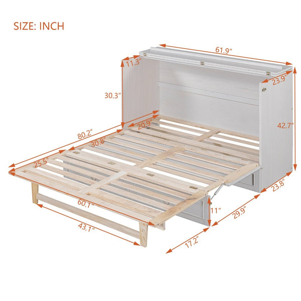 English Elm Queen Murphy Wall Bed with Rattan Panel Cabinet and Storage Drawers for Studio Rooms White LP000676AAK