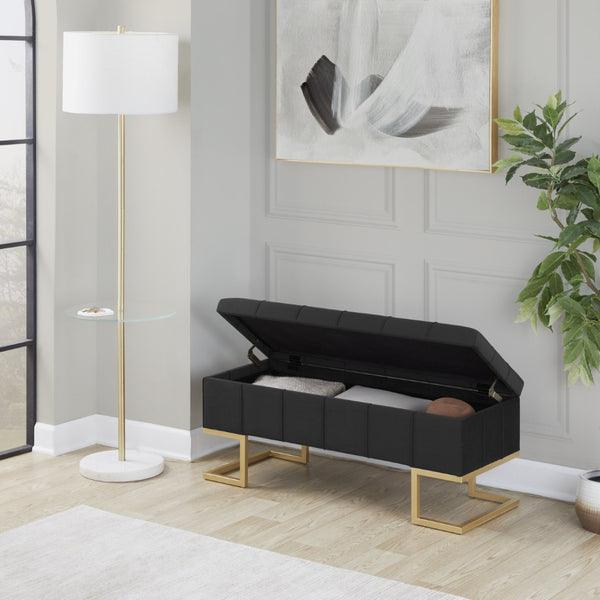 English Elm Storage Bench with Button Tufted Velvet Seat and Gold Tapered Legs for Bedroom B202P471510