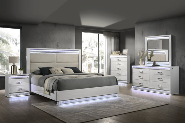 English Elm Glam Modern 5-Piece King Bedroom Set With Led Headboard, Velvet Upholstery & Crystal Accents B009S01386