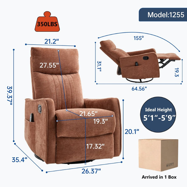 English Elm Blue Fabric Swivel Rocker Recliner with Massage Heat Nodes for Living Room Comfort Orange W1803P321821