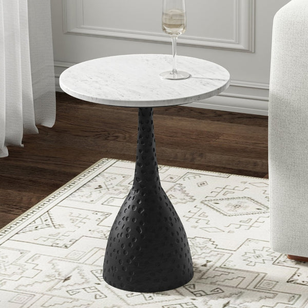English Elm Myles Round Marble Top Side Table with Hammered Aluminum Pedestal Base B136P419855