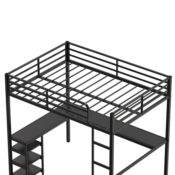 English Elm Full Full Size Loft Bed with Desk & Shelves, Heavy-Duty Metal Frame, Vintage Wood L-Desk, Black W2904S00001