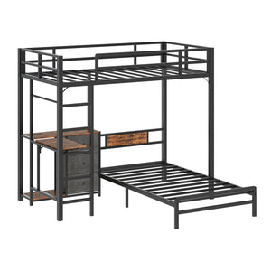 English Elm Bunk Bed Steel Frame with Rgb Lighting Charging Station Drawers and Folding Desk W1820P420816