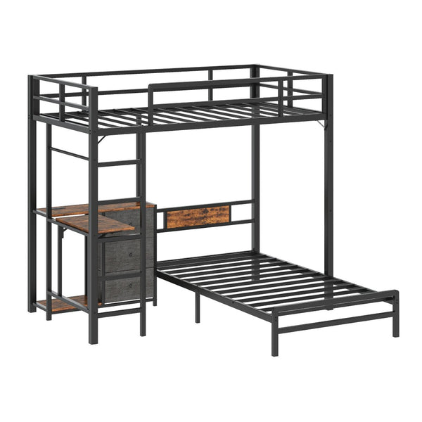 English Elm Bunk Bed Steel Frame with Rgb Lighting Charging Station Drawers and Folding Desk W1820P420816