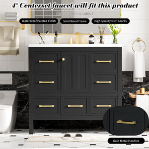 English Elm 36'' Bathroom Vanity with Resin Sink, Solid Wood Frame, 5 Drawers, Soft-Close Doors, Gold Knobs, Spacious Storage Black SW000142AAB-1