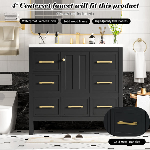 English Elm 36'' Bathroom Vanity with Resin Sink, Solid Wood Frame, 5 Drawers, Soft-Close Doors, Gold Knobs, Spacious Storage Black SW000142AAB-1