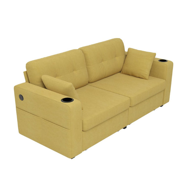 English Elm Sofas for Living Room Chenille Three Seat Couch with Usb Charging Storage and Cup Holder Mustard Yellow W395S00145