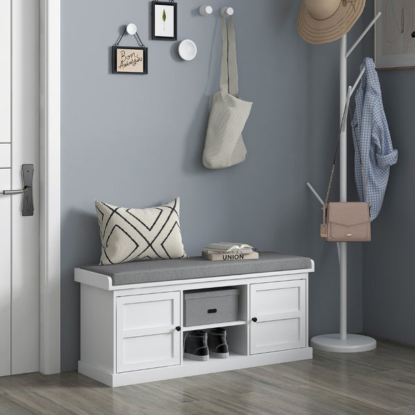 English Elm Homcom Entryway Storage Bench Padded Linen Seat Dual Cabinets White Mdf Hallway W2225P485617