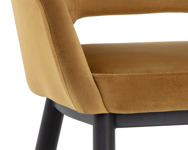 Sunpan THATCHER Dining Armchair - Stylish Black & Gold Sky Upholstered Barrel-Back for Modern Spaces 107978