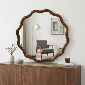 English Elm Black Walnut Solid Wood Wavy Round Mirror Sculptural Bohemian Wall Accent 30 Inch W2203P455238