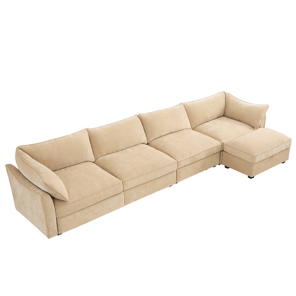 English Elm L-Shaped Modular Sofa With Movable Footstool, Storage Drawers, Crescent Armrests & Chenille Fabric W3041S00180