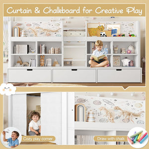 English Elm Twin Xl Low Loft Bed with Curtain Hideaway Chalkboard and Built-in Storage Shelves W1580S00399