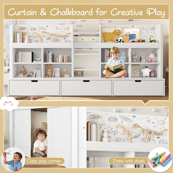 English Elm Twin Xl Low Loft Bed with Curtain Hideaway Chalkboard and Built-in Storage Shelves W1580S00399