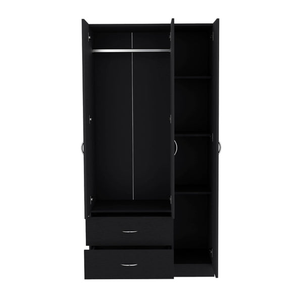English Elm Bosko Three Door Wardrobe Armoire with Drawers Hanging Rod Black Wengue Finish B097S00224