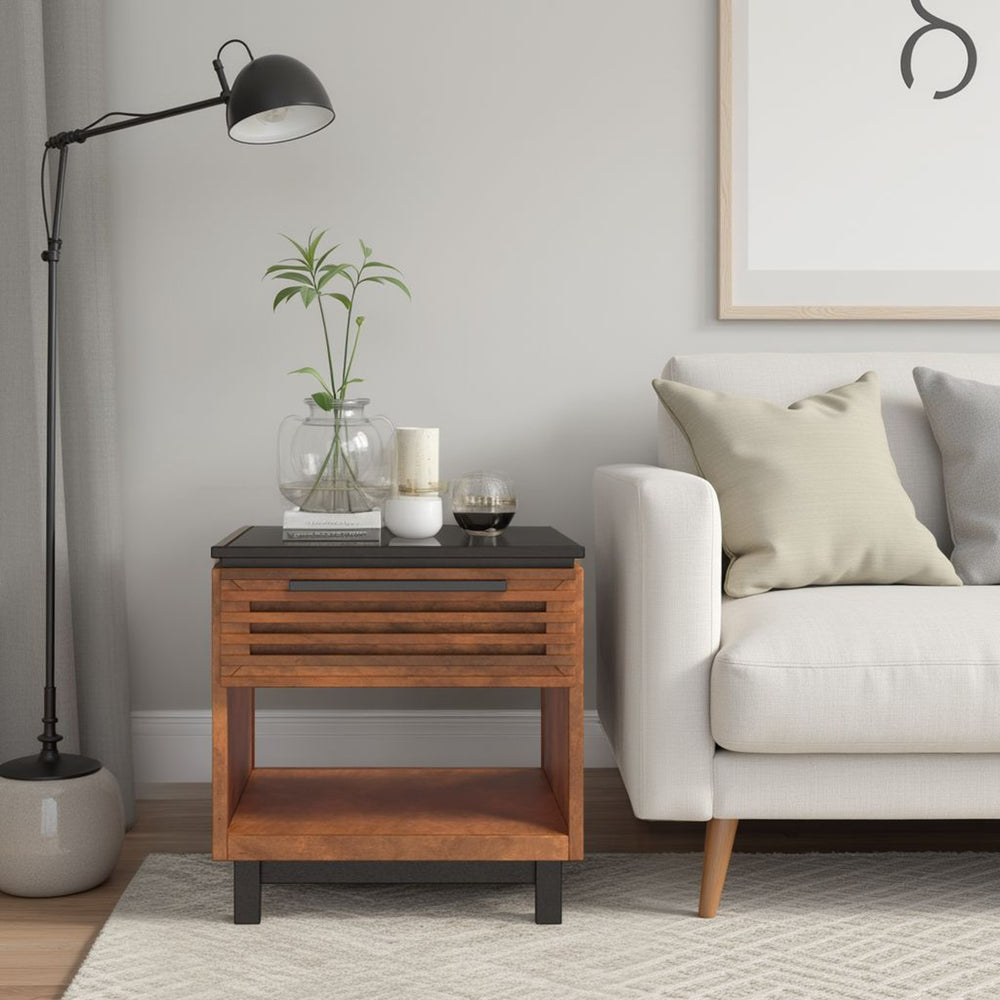 English Elm 24" Scandinavian Side Table in Black & Bourbon Finish, Poplar/Okume Craft, Drawer + Shelf, Ready B108131541