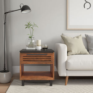 English Elm 24" Scandinavian Side Table in Black & Bourbon Finish, Poplar/Okume Craft, Drawer + Shelf, Ready B108131541
