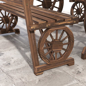 English Elm Outsunny Rustic Pine Outdoor Dining Set Seats 4 with Wagon Wheel Carved Benches W2225P174471