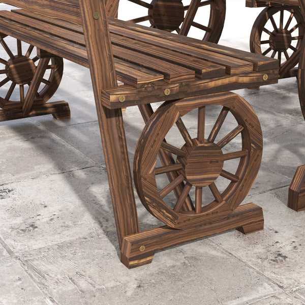 English Elm Outsunny Rustic Pine Outdoor Dining Set Seats 4 with Wagon Wheel Carved Benches W2225P174471