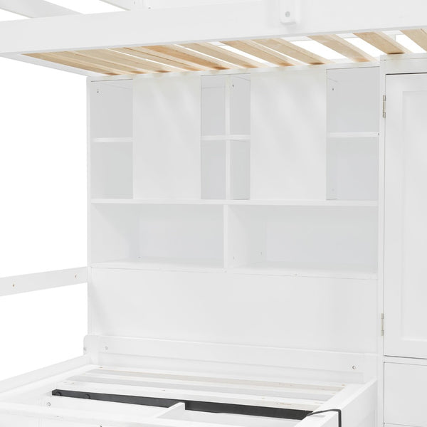English Elm Twin Bunk Bed with Wardrobe Drawers Hydraulic Lift Shelves Kids Storage White LT000666AAK-1