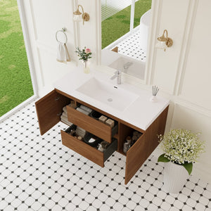 English Elm 48" Floating Bathroom Vanity Espresso Wood Stone Resin Top Soft Close Storage White+Walnut W1920P414538