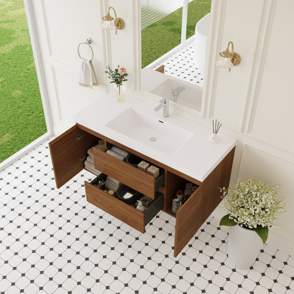 English Elm 48" Floating Bathroom Vanity Espresso Wood Stone Resin Top Soft Close Storage White+Walnut W1920P414538