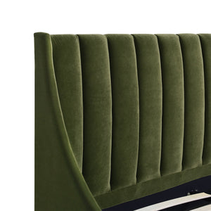 English Elm Jennifer Taylor Home - Aspen Modern Platform Bed Set In Olive Green Velvet - Vertical Tufted Headboard, Queen Size Comfort B2719P238512