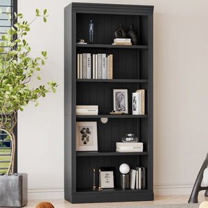 English Elm 83.4" Tall Wood Bookcase with LED Light Strip, 5-Tier Adjustable Shelves, Cable Hole, Modern Black Storage Organizer N751S246934B