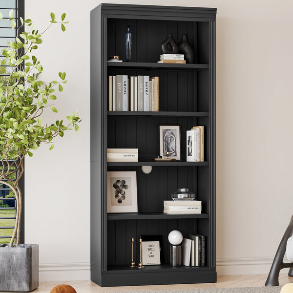 English Elm 83.4" Tall Wood Bookcase with LED Light Strip, 5-Tier Adjustable Shelves, Cable Hole, Modern Black Storage Organizer N751S246934B
