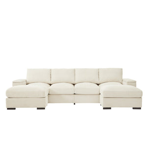 English Elm 122"l Corduroy Sectional with Dual Ottomans Modular U-shape Sofa for Modern Living Beige W1669S00020