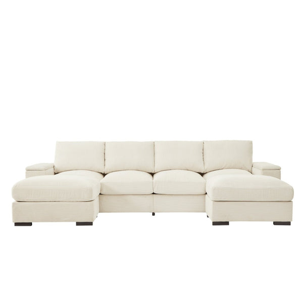 English Elm 122"l Corduroy Sectional with Dual Ottomans Modular U-shape Sofa for Modern Living Beige W1669S00020