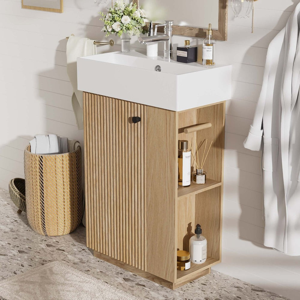 English Elm [video]21.6" Freestanding Bathroom Vanity Ceramic Sink Wavy Door Mdf Cabinet Small Bath Wood N729P285504N