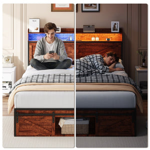 English Elm Queen-size Platform Bed with Led Headboard Storage Footboard and Built-in Charging Brown W5026P429527