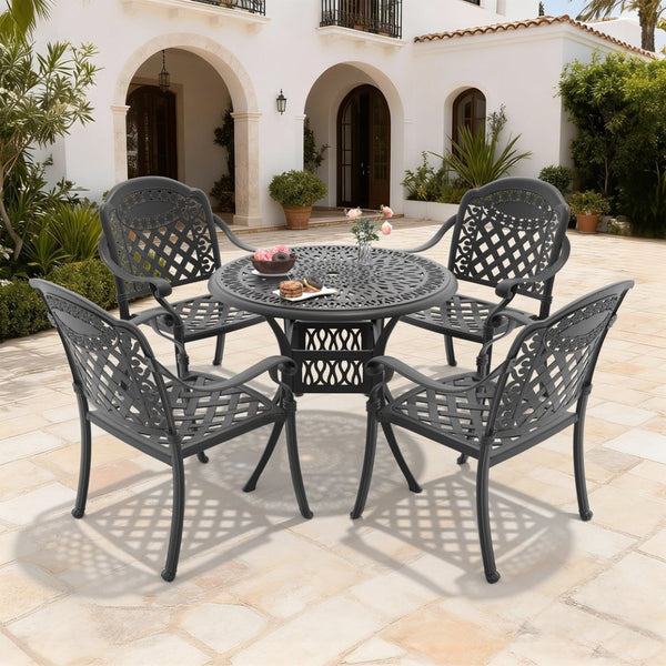 English Elm 5-piece Cast Aluminum Outdoor Dining Set with Carved Relief Patio Furniture W1710S00615