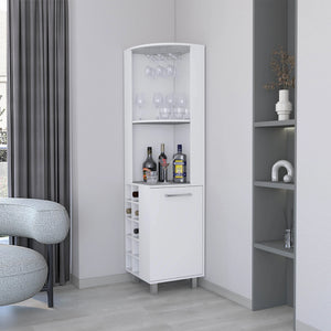 English Elm White Corner Bar Cabinet with Four Shelves, Built-in Wine Rack & Glass Holder for Stylish Storage B062S00604