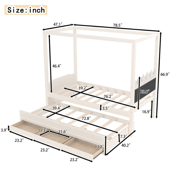 English Elm Full Bunk Bed with Trundle Bookshelf Storage Pine Frame Car Design for Kids W1580S00315