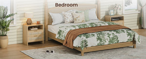 English Elm Rattan Drawer Nightstand Set with Built-in Charging Station and Open Shelf Bedroom Storage Oak W1820P416764