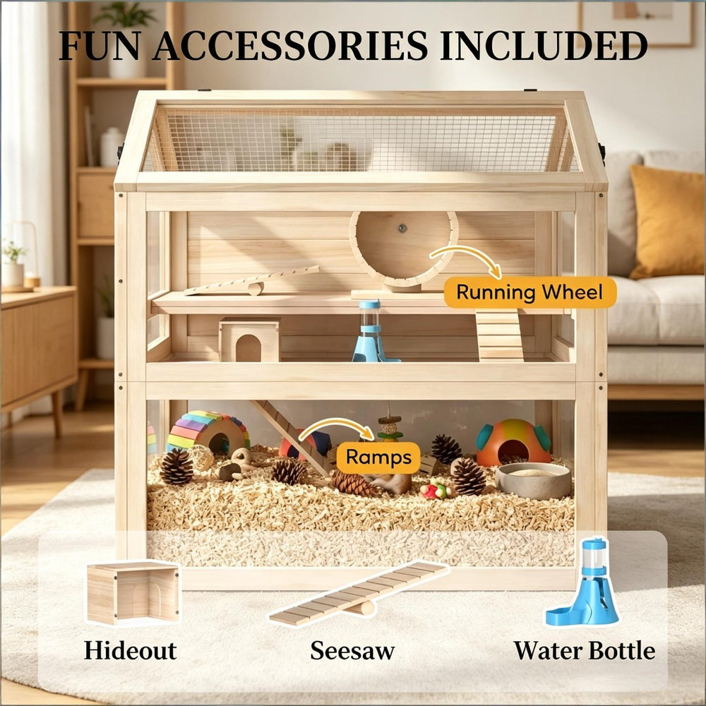 English Elm Spacious Three Tier Fir Wood Hamster Habitat with Acrylic Panels and Climbing Ramps T3971P502069