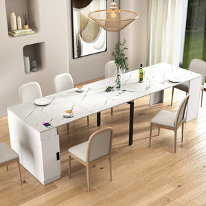English Elm Modern Extendable Dining Table with Built-In Outlet, USB Ports & Storage, Space-Saving Console to 118" White W331S00193