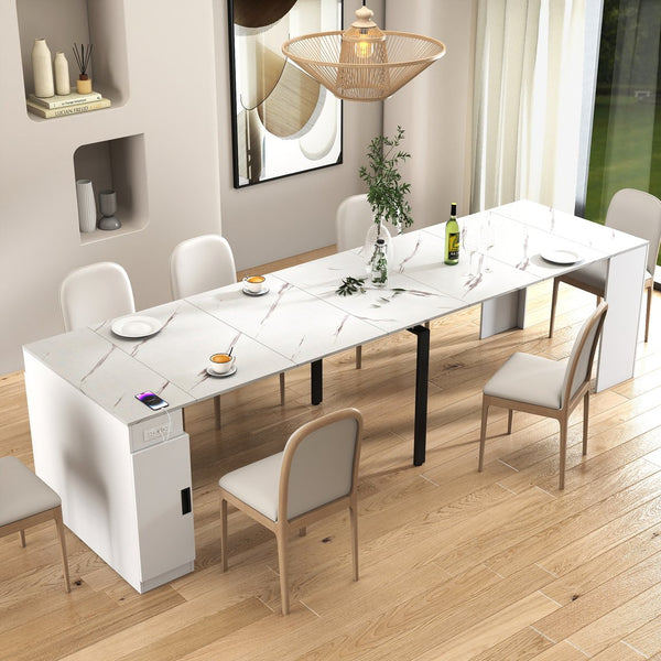 English Elm Modern Extendable Dining Table with Built-In Outlet, USB Ports & Storage, Space-Saving Console to 118" White W331S00193
